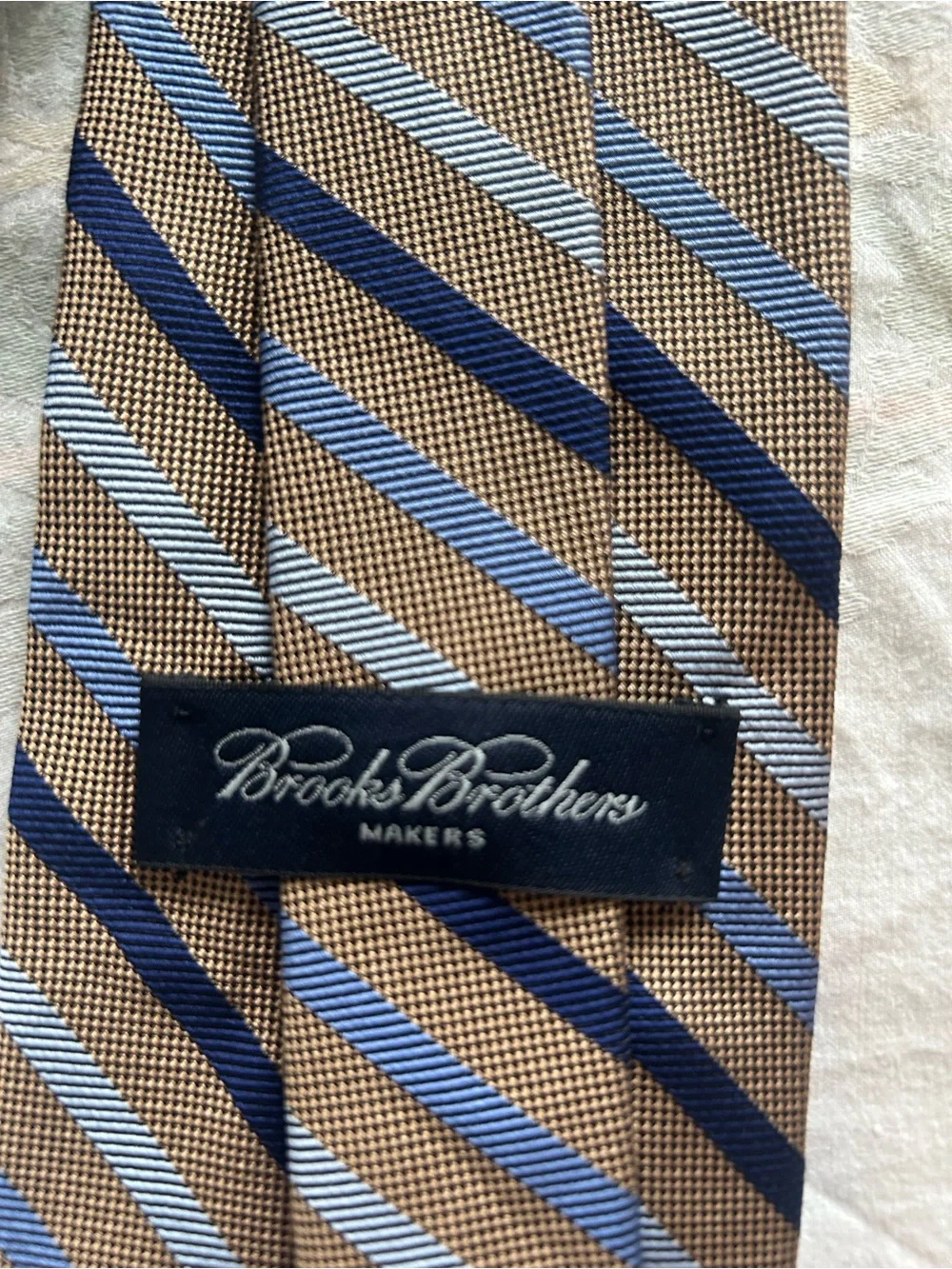 Brooks Brothers Makers 100% Silk Brown Tie Navy & Light Blue Stripes 4” Standard